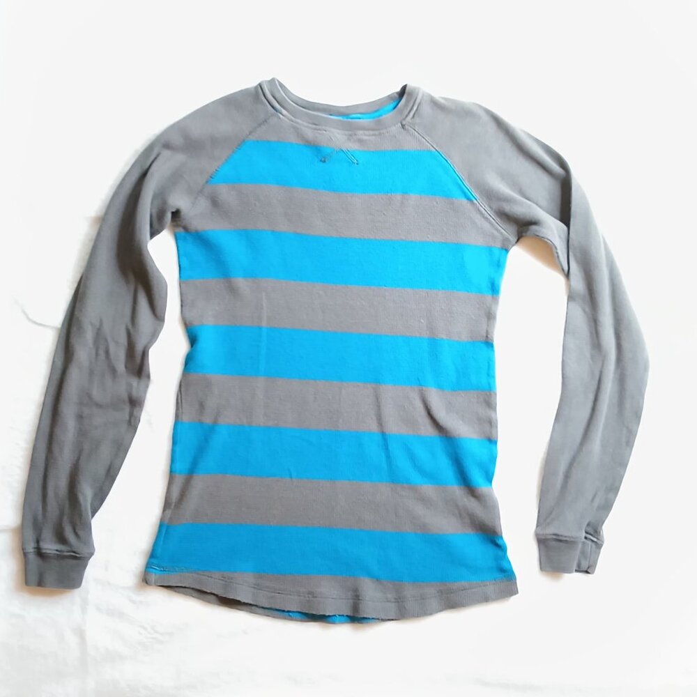 Utility 💙 Youth Unisex Grey + Blue Long Sleeve Thermal Horizontal Striped Top💙